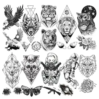 10 Листа Временни татуировки черни животни За възрастни, Реалистична Фалшива татуировка на Лъв, Тигър, Водоустойчив татуировки гангстер с черепа, боди арт