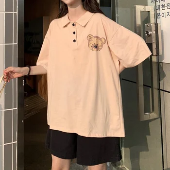 Deeptown, Японски тениска-с къси ръкави в елегантен стил, Корейски топ с къс ръкав Kawaii Bear Оверсайз, Скъпа градинска реколта тениска