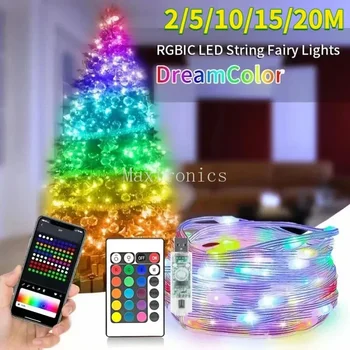 Dreamcolor RGB LED Фея String Светлини USB Bluetooth APP Умна Венец Фея Light Сватба парти Декор Коледно 2M 10M 5M