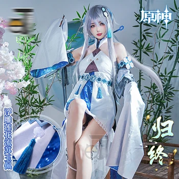 Genshin Impact Cos Guizhong Cosplay Сексуално Страхотна Синя рокля с отворен гръб Костюм Дамски Униформи-пълен комплект
