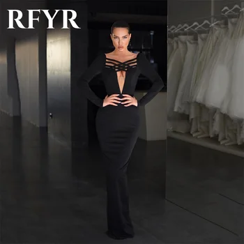 RFYR Секси Черни Вечерни рокли С Дълбоко V-образно деколте, Вечерна рокля Русалка Кръст, Черна рокля За абитуриентски бал с дълъг ръкав