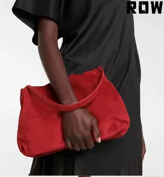 ROW2023 Дамска чанта, Червена модни и ежедневни плиссированная чанта под мишниците от агнешка кожа, Кафява чанта през рамо