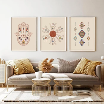 Бохо Марокански килим Художествена Рисувани Стенни пана Ръка на Слънцето Хамсия Абстрактни Неутралните щампи върху платно Домашен Бохемски Плакат Декора на стените