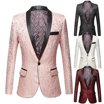 Висококачествен жаккардовый мъжки яке Розово-бял цвят, сватбената рокля на една пуговице, оборудвана блейзър за бизнес банкет, елегантно мъжко облекло