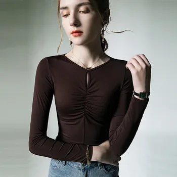 Висококачествени дамски блузи 2024 г., проста тениска, Дамски дрехи, Зима-есен, Сексуална укороченная връхни дрехи, Ежедневни отворена блуза Y2k