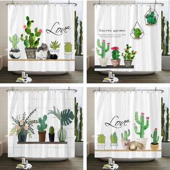 Завеса за душ с тропически листа, Кактус в скандинавски стил с прости цветове, душ завеси от непромокаем плат, модерен интериор на баня с куки