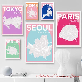 Карта на града Плакат Берлин Сеул Токио, Рим, Ню Йорк, Лондон, Париж Художествена картина на платно Картини за дома в скандинавски стил с мультяшными стени
