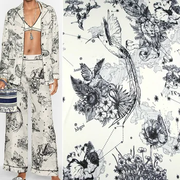 Карта на света на модата С принтом птици и цветя, имитирующая коприна, сатен плат за женски рокли, пижами, спортни панталони, плат за шиене със собствените си ръце