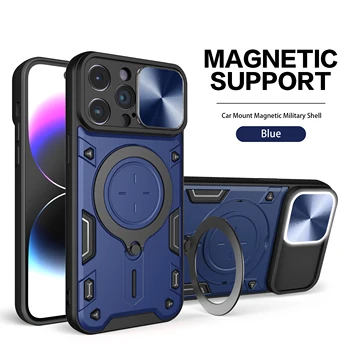 Луксозен калъф с пълзящи лещи за iPhone 15 Pro Max 14 Plus, авто Magnetic устойчив на удари калъф за телефон iPhone 13 12 11 Pro Max XS X XR