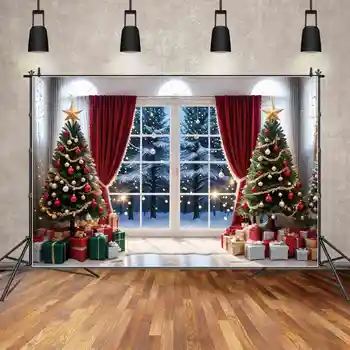 ЛУНАТА.QG на Фона на Коледно парти Дървета Безплатна доставка Фона на Заснежени дърво Прозорец Завеса Топка на Звездата на Реквизит за снимки за къща