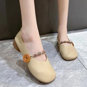 Меки Удобни дамски обувки Mary Jane от изкуствена кожа 2023, Пролет-лято, нова нежен дамски обувки в приказен стил с плоска подметка и копчета в стил ретро
