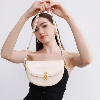 Моден тренд 2024 г., Женствена чанта от естествена кожа, нишевый дизайн, Ретро Универсална седельная чанта, изискана чанта през рамо в западен стил.