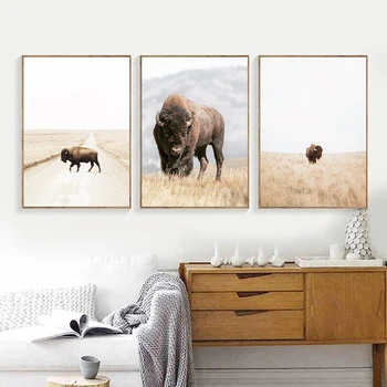 Модерен фотопостер с животни-биволи, живопис върху платно, фотоискусство с участието на Бизона, стенни пана в фермерска къща, Интериор на кухня, домашно стая