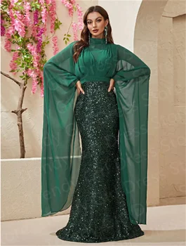 Модни зелени елегантни рокли за бала в африканския стил с русалочкой на бретелях и високо воротом, расшитое пайети вечерна рокля, дълга Арабското рокля в Дубай.