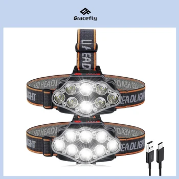 Мощен 8 led главоболие фенерче налобный фенер с 2 USB батерии 18650 за риболов и къмпинг