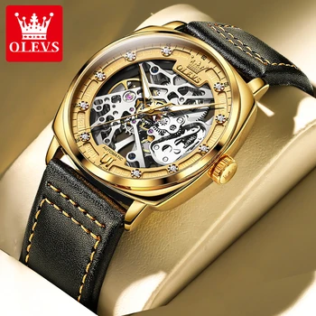 Мъжки часовник OLEVS Skeleton самостоятелно ликвидация, Оригинални Механични Часовници за Мъже, Водоустойчиви Кожена Каишка, Светлинен часовник Tonneau