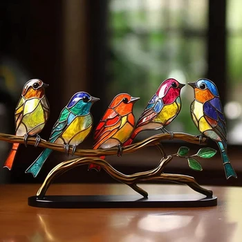 Настолно украшение с пятнистыми птици в бранша, многоцветен метален настолен украшение с птици, украшение от шарената желязо, лесен за използване