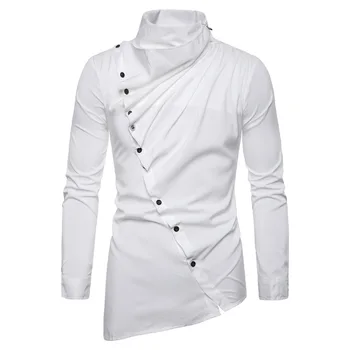 Нова мъжка риза с асиметрична наклон на лентата, отложным яка, дълъг ръкав, мъжки приталенная риза оверсайз в британския стил.