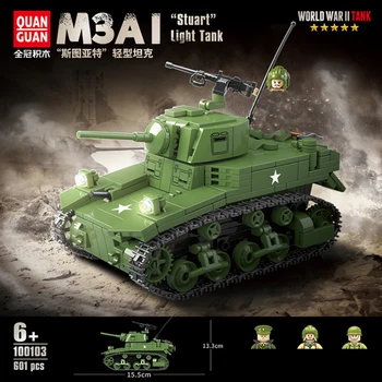 Новата военна модел WW2 на Втората световна война M3A1 Stuart Light Tank Weapon Фигурки на героите Армейските класически Строителни блокове, Тухли, Играчки, Подаръци