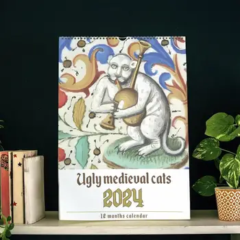 Стенен календар със странни средновековни котки в 2024 година, забавно изкуство от епохата на Възраждането, модерните стенни календари с изображения на котки, календари с домашни любимци, за да украсят дома