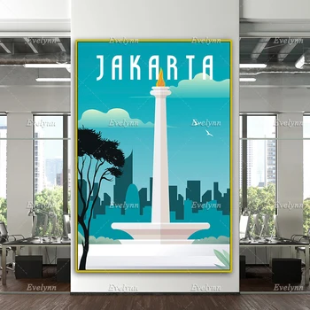 Туристически Плакат на Джакарта, Принт За Пътуване в Джакарта, Стенно Изкуство Джакарта, Индонезия Ретро-Туристически Плакат, Уникален Подарък На Платното За Домашен Декор