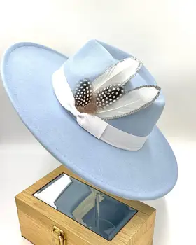 фетровая шапка с периферия 9,5 см, аксесоари от пера, джаз шапка с широка периферия, дамски имитация чувствах шапки, мъжки модни панама, сватбена шапка